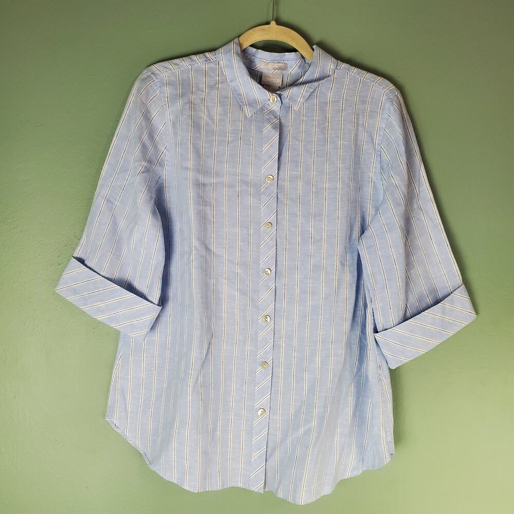 Chico's Womens Blue Striped No Iron Linen Button Up Shirt Size 1 Medium